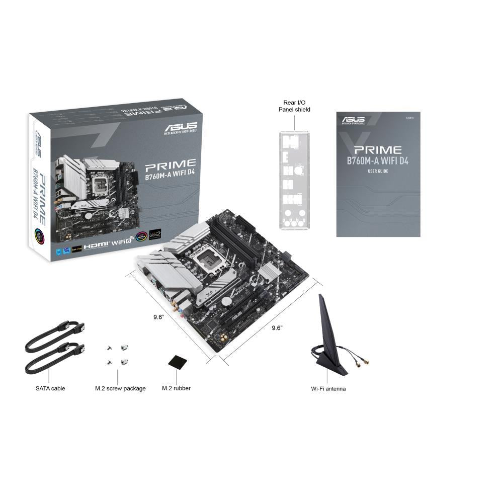 Mainboard ASUS Intel B760 Express LGA1700 Micro-ATX Memory DDR4 Memory slots 4 3xPCI-Express 4.0 16x 2xM.2 2xHDMI 1xDisplayPort 4xUSB 2.0 2xUSB 3.2 1xPS/2 1xRJ45 3xAudio port PRIMEB760M-AWIFID4