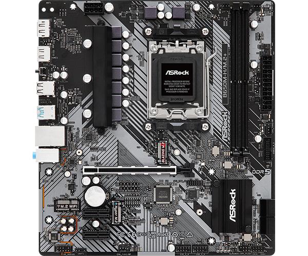 Mainboard ASROCK AMD B650 SAM5 Micro-ATX Memory DDR5 Memory slots 2 1xPCI-E 2xPCI-Express 4.0 1x 1xPCI-Express 4.0 16x 1xM.2 1xHDMI 1xDisplayPort 1xAudio-In 1xAudio-Out 1xMicrophone 2xUSB 2.0 3xUSB 3.2 1xUSB-C 1xRJ45 B650M-H/M.2+
