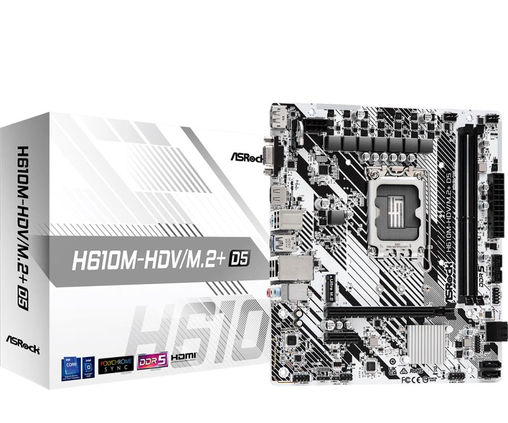 Mainboard ASROCK Intel H610 LGA1700 Micro-ATX Memory DDR5 Memory slots 2 1xPCI-Express 3.0 1x 1xPCI-Express 4.0 16x 1xM.2 1x15pin D-sub 1xHDMI 1xDisplayPort 1xAudio-In 1xAudio-Out 1xMicrophone 4xUSB 2.0 1xUSB 3.2 1xUSB-C 1xPS/2 1xRJ45 H610M-HDV/M.2+D5