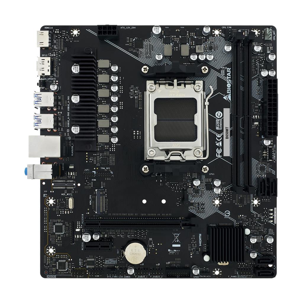 Mainboard BIOSTAR AMD B650 SAM5 Micro-ATX Memory DDR5 Memory slots 2 1xPCI-Express 3.0 1x 1xPCI-Express 4.0 16x 1xM.2 1xHDMI 1xDisplayPort 2xUSB 2.0 4xUSB 3.2 1xRJ45 3xAudio port B650MT