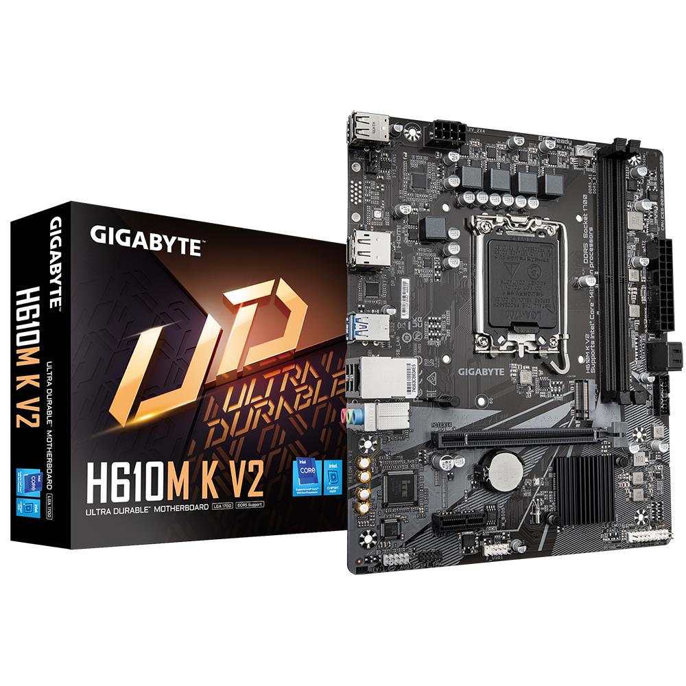 Mainboard GIGABYTE Intel H610 LGA1700 Micro-ATX Memory DDR5 Memory slots 2 1xPCI-Express 3.0 1x 1xPCI-Express 4.0 16x 1xM.2 1xHDMI 1xDisplayPort 4xUSB 2.0 2xUSB 3.2 1xPS/2 1xRJ45 3xAudio port H610MKV2
