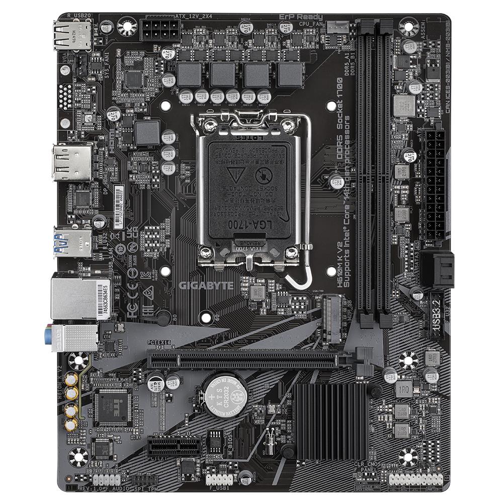 Mainboard GIGABYTE Intel H610 LGA1700 Micro-ATX Memory DDR5 Memory slots 2 1xPCI-Express 3.0 1x 1xPCI-Express 4.0 16x 1xM.2 1xHDMI 1xDisplayPort 4xUSB 2.0 2xUSB 3.2 1xPS/2 1xRJ45 3xAudio port H610MKV2