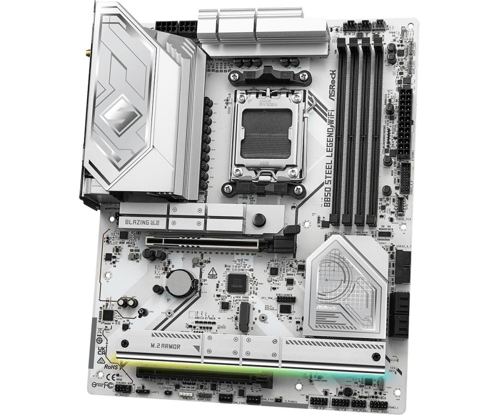 Mainboard ASROCK AMD B850 SAM5 ATX Memory DDR5 Memory slots 4 1xPCI-Express 4.0 16x 1xPCI-Express 5.0 16x 1xM.2 1xHDMI 1xAudio-In 1xAudio-Out 4xUSB 2.0 5xUSB 3.2 2xUSB-C 1xOptical S/PDIF 1xRJ45 B850STEELLEGENDWIFI
