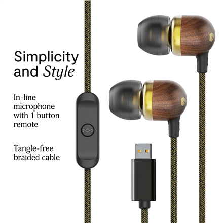 Marley Wired Earbuds | Smile Jamaica | Built-in microphone | USB Type-C | Brass