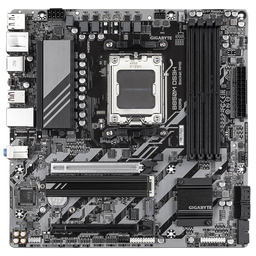 Mainboard GIGABYTE AMD B850 SAM5 Micro-ATX Memory DDR5 Memory slots 4 1xPCI-Express 3.0 4x 1xPCI-Express 5.0 16x 2xM.2 1xHDMI 2xDisplayPort 4xUSB 2.0 2xUSB 3.2 type B 1xUSB 3.2 1xUSB-C 1xPS/2 1xRJ45 3xAudio port B850MDS3H