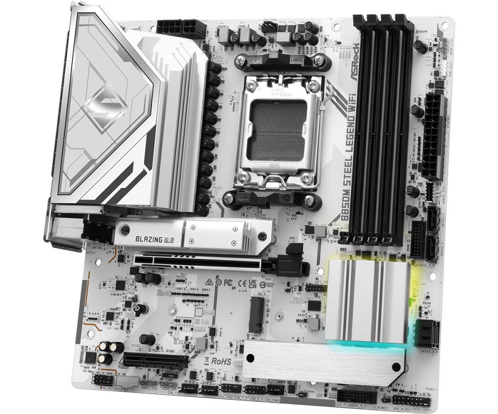 Mainboard ASROCK AMD B850 SAM5 Micro-ATX Memory DDR5 Memory slots 4 4xPCI-Express 4.0 4x 1xPCI-Express 5.0 16x 1xM.2 1xHDMI 1xDisplayPort 1xAudio-In 1xAudio-Out 1xMicrophone 4xUSB 2.0 3xUSB 3.2 1xUSB-C 1xRJ45 B850MSTEELLEGENDWIFI
