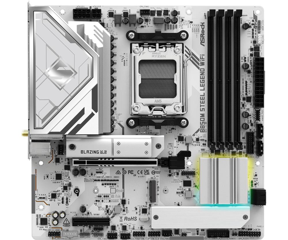 Mainboard ASROCK AMD B850 SAM5 Micro-ATX Memory DDR5 Memory slots 4 4xPCI-Express 4.0 4x 1xPCI-Express 5.0 16x 1xM.2 1xHDMI 1xDisplayPort 1xAudio-In 1xAudio-Out 1xMicrophone 4xUSB 2.0 3xUSB 3.2 1xUSB-C 1xRJ45 B850MSTEELLEGENDWIFI
