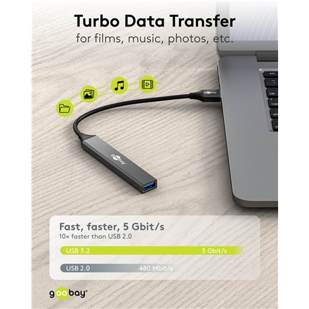 Goobay Slim 4-Port USB Hub, USB-A to USB-A, 5 Gbit/s | 74456