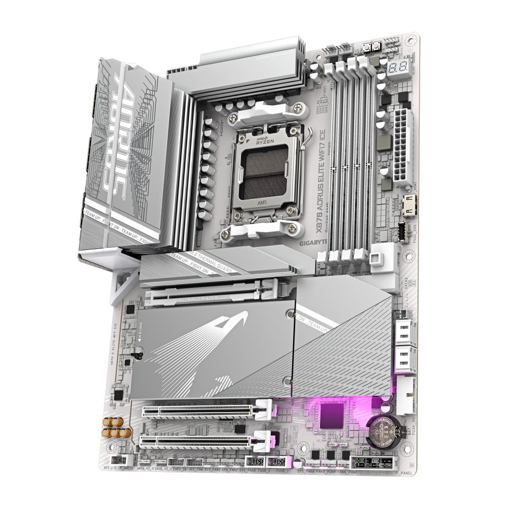 Mainboard GIGABYTE AMD X870 SAM5 ATX Memory DDR5 Memory slots 4 1xPCI-Express 3.0 2x 1xPCI-Express 4.0 4x 1xPCI-Express 5.0 16x 4xM.2 1xHDMI 4xUSB 2.0 6xUSB 3.2 2xUSB-C 1xOptical S/PDIF 1xRJ45 2xAudio port X870EAELITEWF7ICE1.2