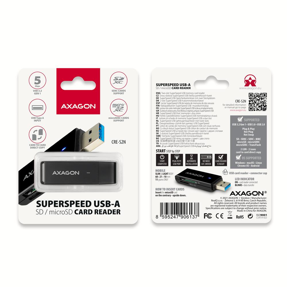 MEMORY READER USB3.2/SD/MICROSD CRE-S2N AXAGON