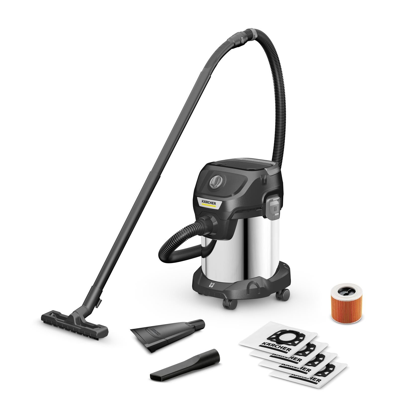 Vacuum Cleaner KARCHER Suction power 230 AW Input power 1000 W Dust capacity 17 L Drum vacuum Cleaning type dry&wet Dust container Dust bag Colour Black/Silver 1.628-449.0