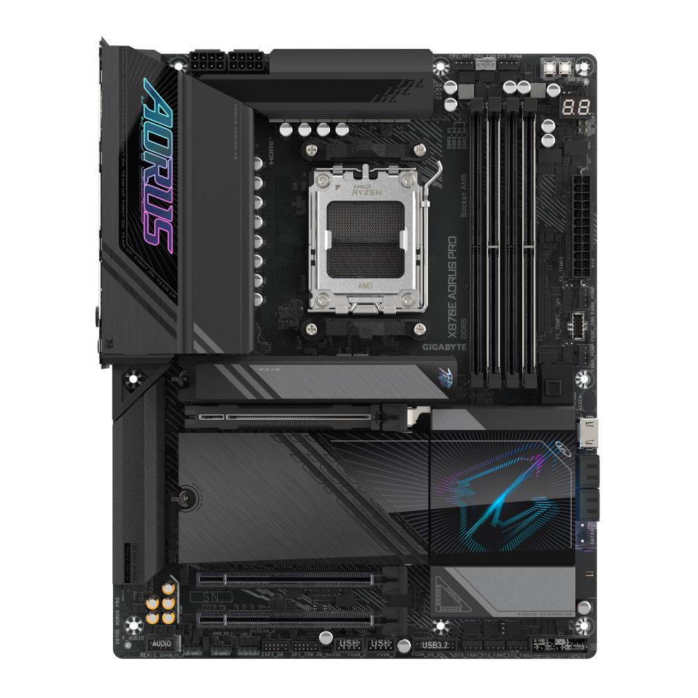 Mainboard GIGABYTE AMD X870E SAM5 ATX Memory DDR5 Memory slots 4 1xPCI-Express 3.0 4x 1xPCI-Express 4.0 4x 1xPCI-Express 5.0 16x 4xM.2 1xHDMI 2xUSB 2.0 7xUSB 3.2 2xUSB-C 1xOptical S/PDIF 1xRJ45 2xAudio port X870EAORUSPRO