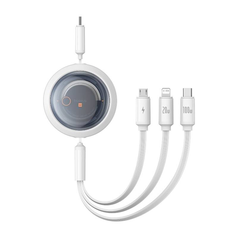 Fast Charging Cable 3in1 Baseus Free2Draw USB-C to USB-C/Lightning/Micro 100W, 1,1m (white) - Image 1