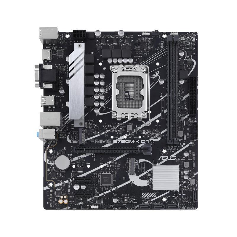 Mainboard ASUS Intel B760 Express LGA1700 Micro-ATX Memory DDR4 Memory slots 2 2xPCI-Express 4.0 1x 1xPCI-Express 4.0 16x 2xM.2 1x15pin D-sub 1xHDMI 2xUSB 2.0 4xUSB 3.2 1xPS/2 1xRJ45 3xAudio port PRIMEB760M-KD4