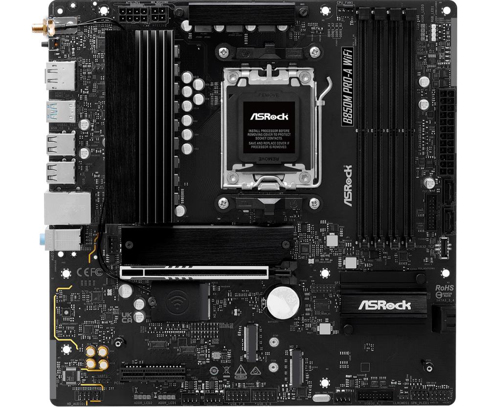 Mainboard ASROCK 1xPCI-Express 4.0 4x 1xPCI-Express 5.0 16x 1xM.2 1xHDMI 1xDisplayPort 1xAudio-In 1xAudio-Out 1xMicrophone 4xUSB 2.0 3xUSB 3.2 1xUSB-C 1xRJ45 B850MPRO-AWIFI