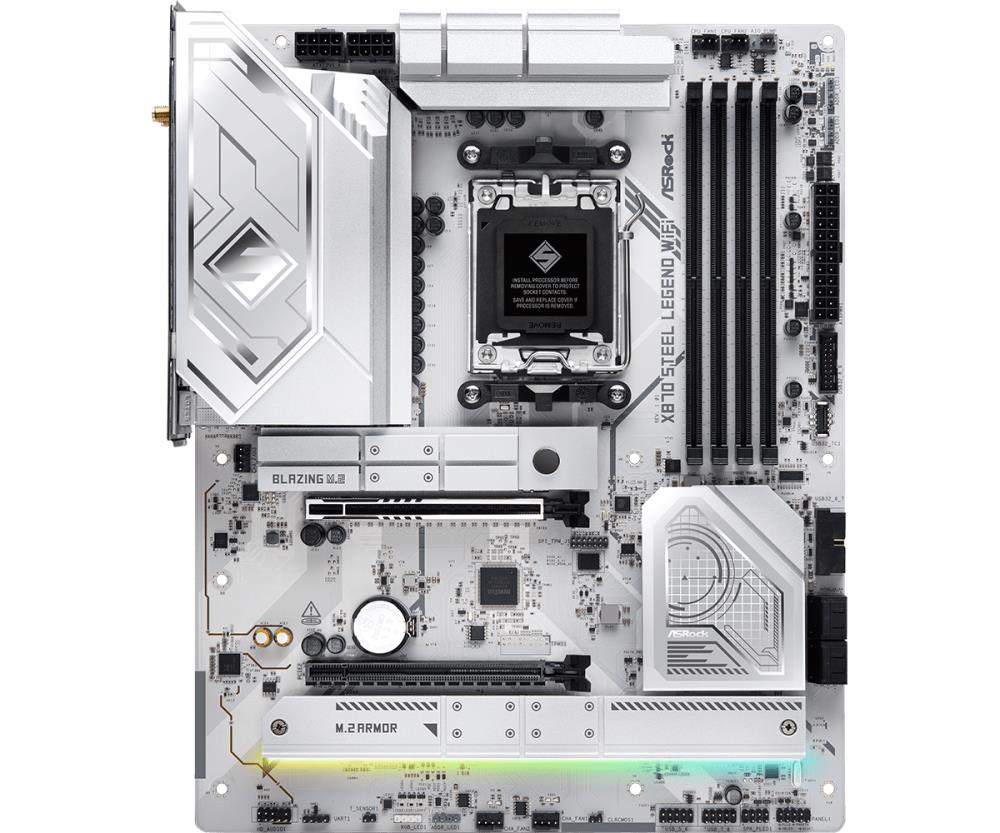 Mainboard ASROCK AMD X870 SAM5 ATX Memory DDR5 Memory slots 4 1xPCI-Express 4.0 16x 1xPCI-Express 5.0 16x 4xM.2 1xHDMI 4xUSB 2.0 5xUSB 3.2 2xUSB-C 1xOptical S/PDIF 1xRJ45 2xAudio port X870STEELLEGENDWIFI