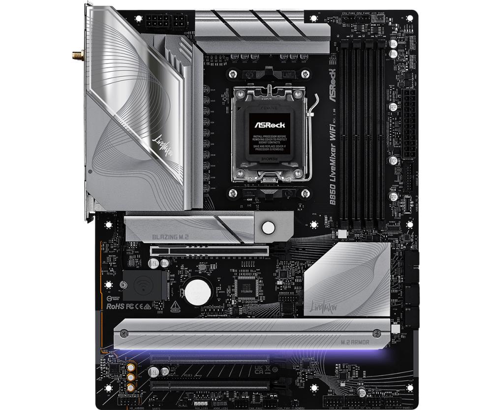 Mainboard ASROCK AMD B850 SAM5 ATX Memory DDR5 Memory slots 4 2xPCI-Express 4.0 16x 1xPCI-Express 5.0 16x 1xM.2 1xHDMI 1xDisplayPort 1xAudio-In 1xAudio-Out 2xUSB 2.0 1xUSB-C 1xOptical S/PDIF 1xRJ45 B850LIVEMIXERWIFI