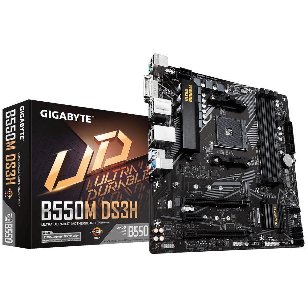 Mainboard GIGABYTE AMD B550 SAM4 Micro-ATX Memory DDR4 Memory slots 4 1xPCI-Express 3.0 1x 1xPCI-Express 3.0 4x 1xPCI-Express 4.0 16x 2xM.2 1xDVI-D 1xHDMI 2xAudio-In 1xAudio-Out 4xUSB 2.0 4xUSB 3.2 1xPS/2 1xRJ45 B550MDS3H1.7
