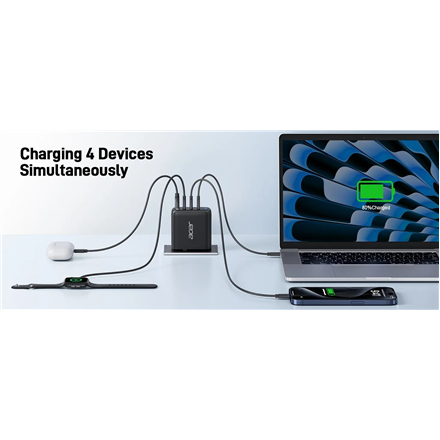 Acer 100W PD GaN Charger, 3 x USB C and 1 x USB A, EU Plug, 100W USB-C cable, Black, Retail Pack