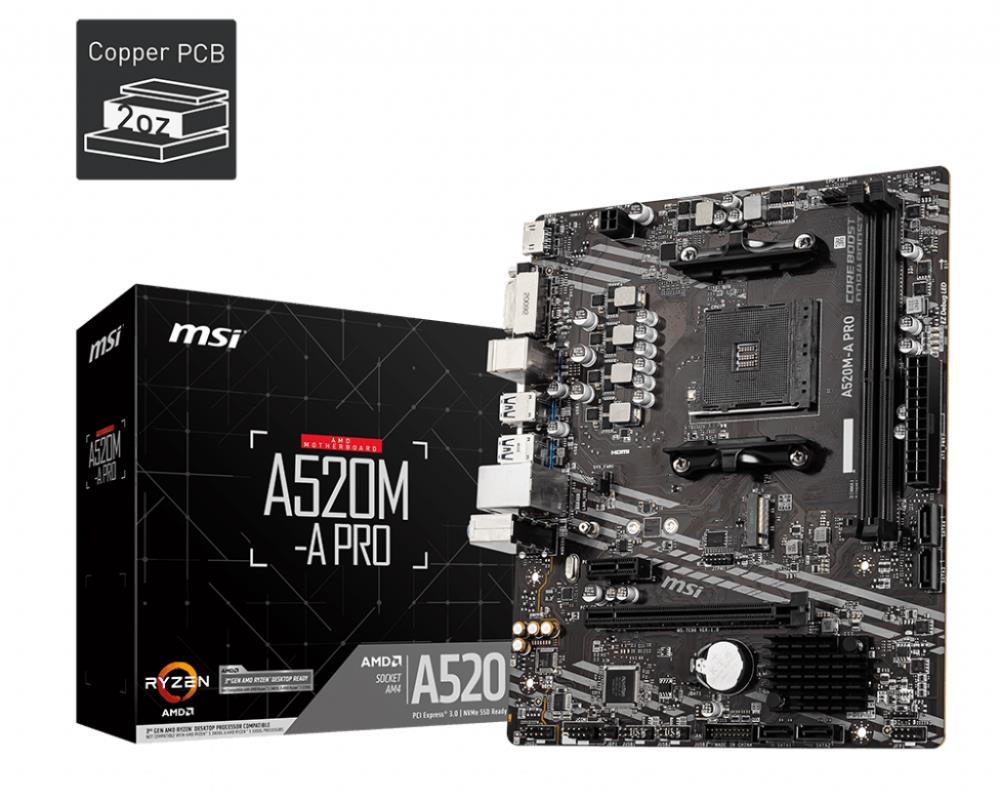 Mainboard MSI AMD A520 SAM4 MicroATX 1xPCI-Express 3.0 1x 1xPCI-Express 3.0 16x 1xM.2 Memory DDR4 Memory slots 2 1xDVI 1xHDMI 2xAudio-Out 2xUSB 2.0 4xUSB 3.2 1xRJ45 A520M-APRO