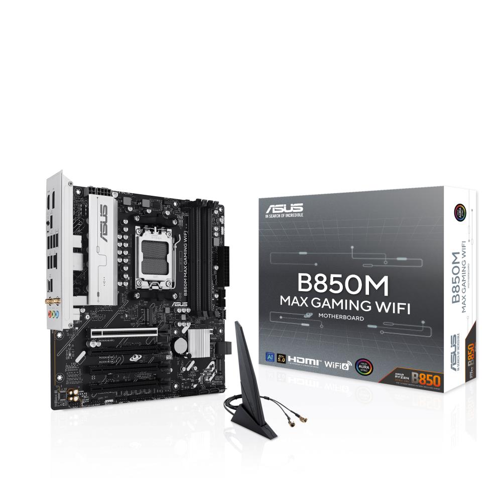 Mainboard ASUS AMD B850 SAM5 Micro-ATX Memory DDR5 Memory slots 4 3xPCI-Express 4.0 16x 1xPCI-Express 5.0 16x 3xM.2 1xHDMI 1xDisplayPort 5xUSB 2.0 2xUSB 3.2 2xUSB-C 1xRJ45 3xAudio port B850MMAXGAMINGWIFI