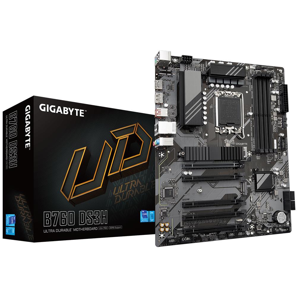 Mainboard GIGABYTE Intel B760 Express LGA1700 ATX Memory DDR5 Memory slots 4 4xPCI-Express 3.0 1x 1xPCI-Express 4.0 16x 2xM.2 1xHDMI 1xDisplayPort 4xUSB 2.0 1xUSB 3.2 1xUSB-C 1xPS/2 1xRJ45 3xAudio port B760DS3H