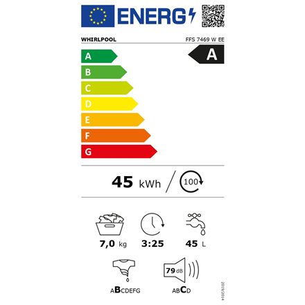 Whirlpool | Washing machine | FFS 7469 W EE | Energy efficiency class A | Front loading | Washing capacity 7 kg | 1400 R