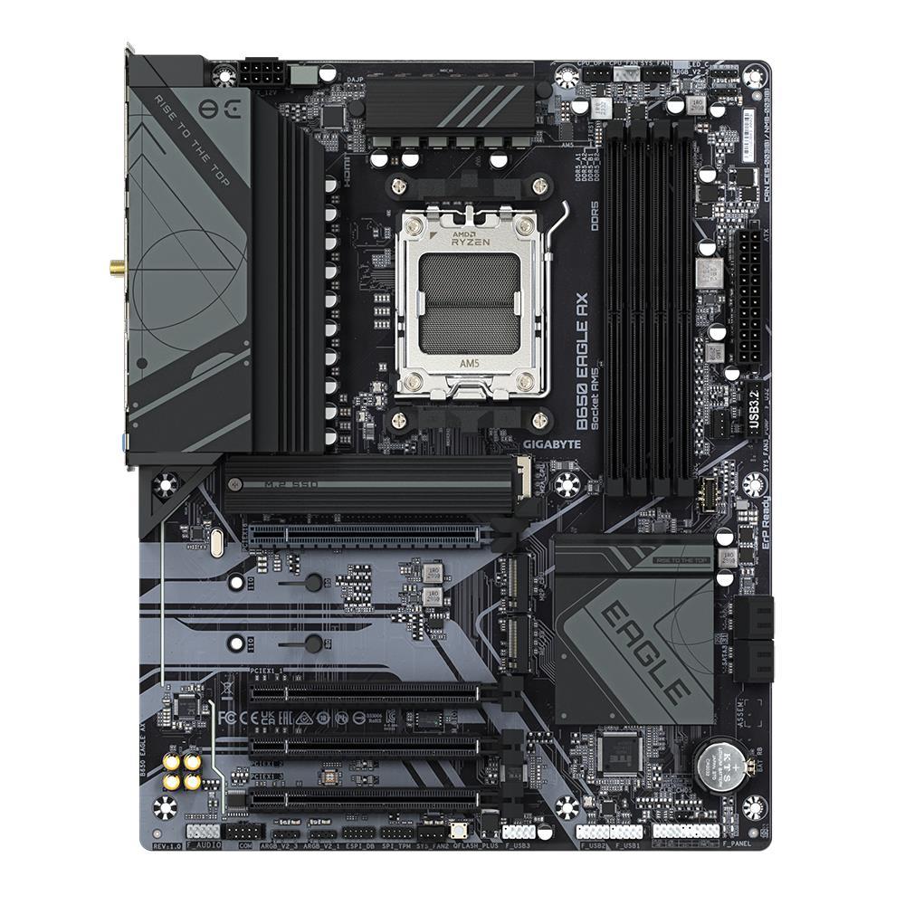 Mainboard GIGABYTE AMD B650 SAM5 ATX Memory DDR5 Memory slots 4 1xPCI-Express 16x 3xPCI-Express 3.0 16x 3xM.2 2xHDMI 1xDisplayPort 6xUSB 2.0 2xUSB 3.2 1xUSB-C 1xRJ45 3xAudio port B650EAGLEAX1.1