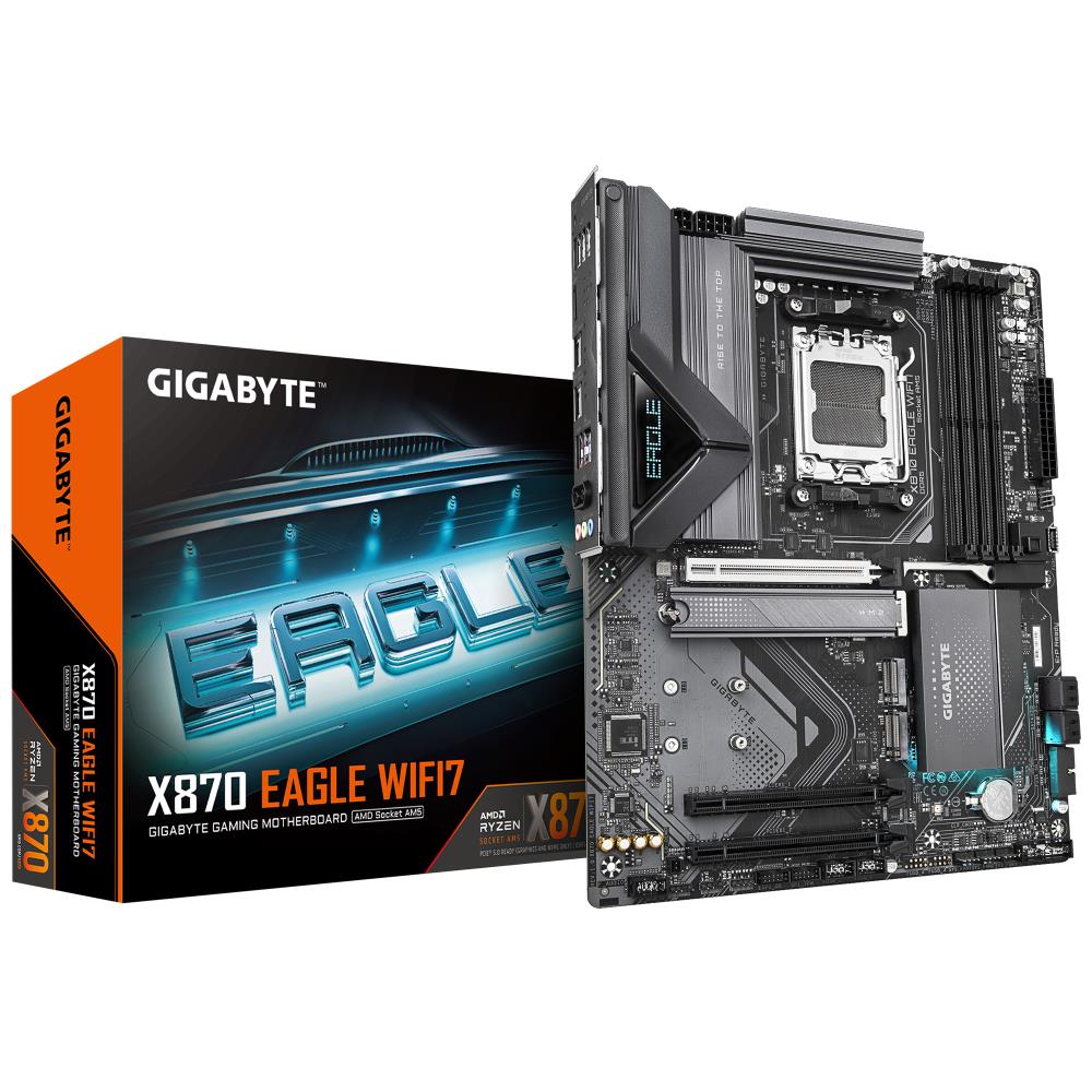 Mainboard GIGABYTE AMD X870 SAM5 ATX Memory DDR5 Memory slots 4 2xPCI-Express 3.0 1x 1xPCI-Express 5.0 16x 3xM.2 1xHDMI 4xUSB 2.0 4xUSB 3.2 2xUSB-C 1xRJ45 3xAudio port X870EAGLEWIFI7