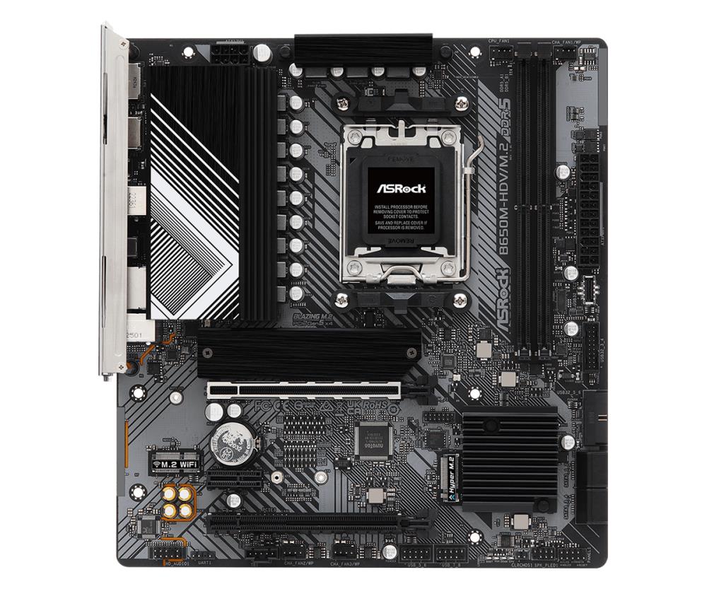 Mainboard ASROCK AMD B650 SAM5 Micro-ATX Memory DDR5 Memory slots 2 1xPCI-Express 4.0 1x 2xPCI-Express 4.0 16x 1xM.2 1xHDMI 1xDisplayPort 1xAudio-In 1xAudio-Out 1xMicrophone 4xUSB 2.0 2xUSB 3.2 1xUSB-C 1xRJ45 B650M-HDV/M.2