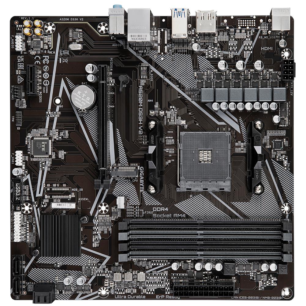 Mainboard GIGABYTE AMD A520 SAM4 Micro-ATX Memory DDR4 Memory slots 4 1xPCI-Express 3.0 1x 1xPCI-Express 3.0 16x 1xM.2 1xHDMI 1xDisplayPort 2xUSB 2.0 4xUSB 3.2 1xPS/2 1xRJ45 3xAudio port A520MDS3HV21.1