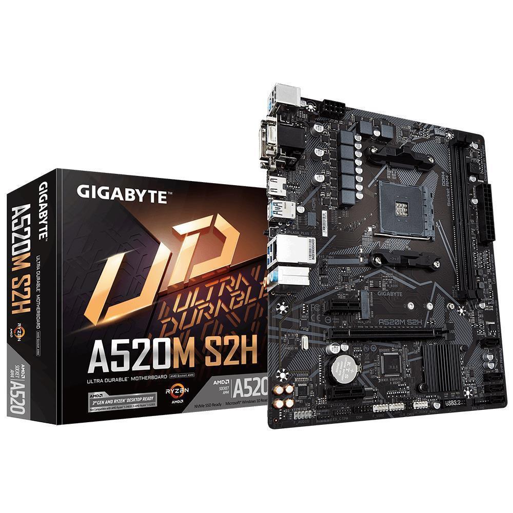 Mainboard GIGABYTE AMD A520 SAM4 Micro-ATX Memory DDR4 Memory slots 2 2xPCI-Express 3.0 1x 1xPCI-Express 3.0 16x 1xM.2 1x15pin D-sub 1xDVI-D 1xHDMI 2xAV-In 1xAV-out 2xUSB 2.0 4xUSB 3.2 1xPS/2 1xRJ45 A520MS2H1.3