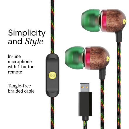 Marley Wired Earbuds | Smile Jamaica | Built-in microphone | USB Type-C | Rasta