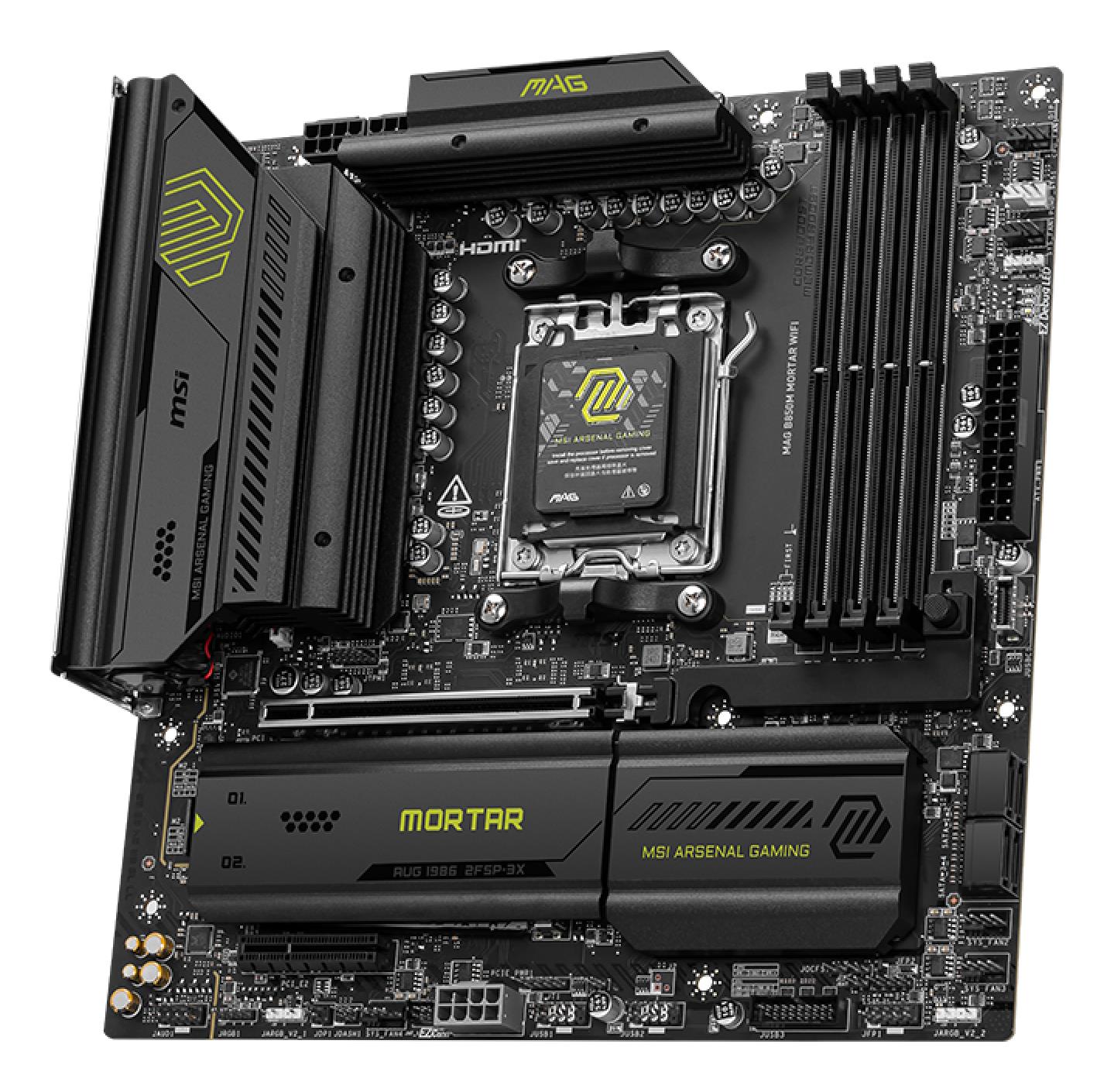 Mainboard MSI AMD B850 SAM5 Micro-ATX Memory DDR5 Memory slots 4 1xPCI-Express 4.0 4x 1xPCI-Express 4.0 8x 1xPCI-Express 4.0 16x 1xPCI-Express 5.0 16x 3xM.2 1xHDMI 3xUSB 2.0 4xUSB 3.2 2xUSB-C 1xOptical S/PDIF 1xRJ45 2xAudio port MAGB850MMORTARWIFI