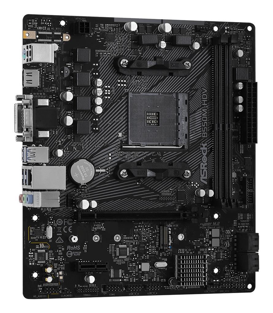 Mainboard ASROCK AMD B550 SAM4 MicroATX 1xPCI-Express 3.0 1x 1xM.2 1xPCI-Express 4.0 16x Memory DDR4 Memory slots 2 1x15pin D-sub 1xDVI 1xHDMI 2xUSB 2.0 4xUSB 3.2 1xPS/2 1xRJ45 3xAudio port B550M-HDV