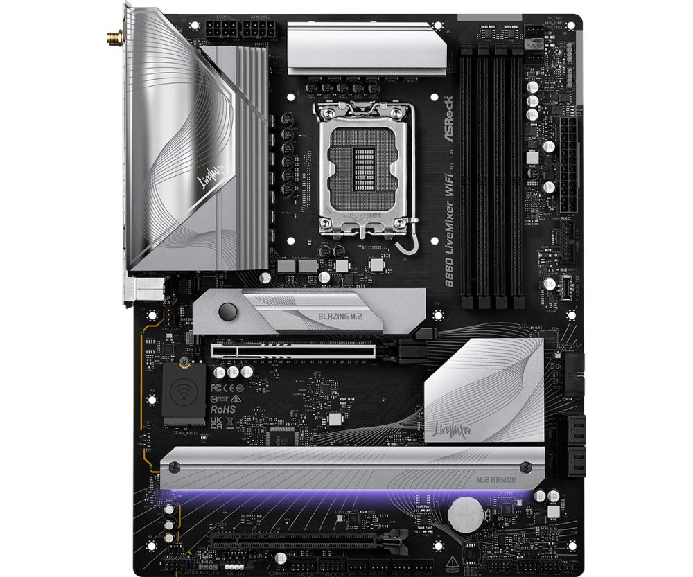 Mainboard ASROCK Intel B860 Express LGA1851 ATX Memory DDR5 Memory slots 4 1xPCI-Express 4.0 16x 1xPCI-Express 5.0 16x 1xM.2 1xHDMI 1xAudio-Out 1xMicrophone 6xUSB 2.0 6xUSB 3.2 1xUSB-C w/Thunderbolt 1xOptical S/PDIF 1xRJ45 B860LIVEMIXERWIFI