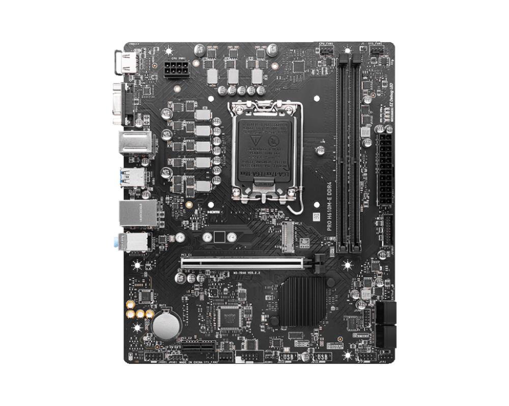 Mainboard MSI Intel H610 LGA1700 MicroATX Memory DDR4 Memory slots 2 1xPCI-Express 1x 1xPCI-Express 16x 1xM.2 1x15pin D-sub 1xHDMI 4xUSB 2.0 2xUSB 3.2 1xPS/2 1xRJ45 3xAudio port PROH610M-EDDR4