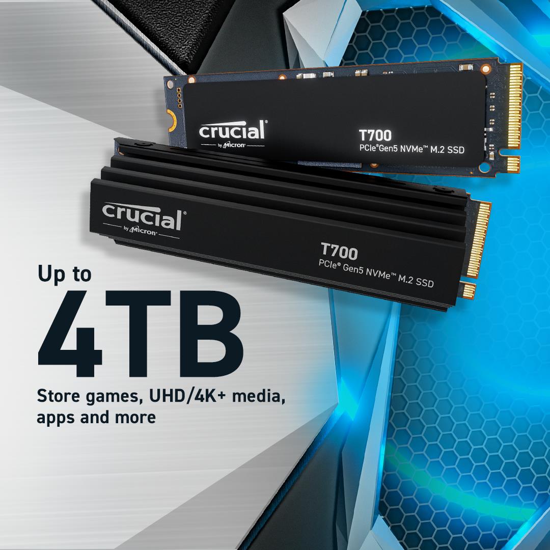 SSD CRUCIAL T700 4TB M.2 PCIe Gen5 NVMe TLC Write speed 11800 MBytes/sec Read speed 12400 MBytes/sec TBW 2400 TB CT4000T700SSD3