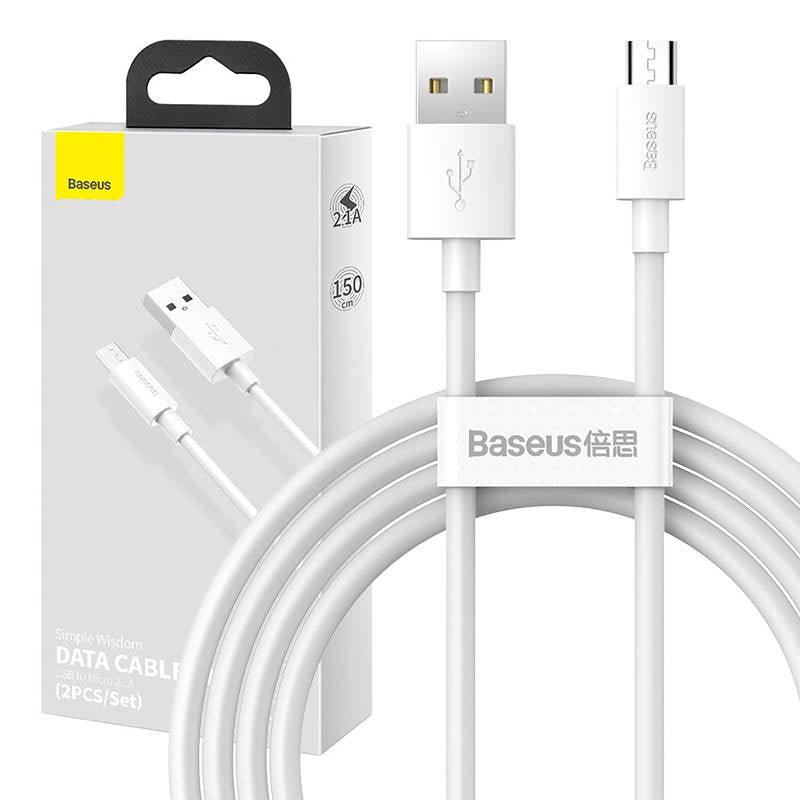 Baseus Simple Wisdom Data Cable Kit USB to Micro 2.1A (2PCS/Set) 1.5m White - Image 1