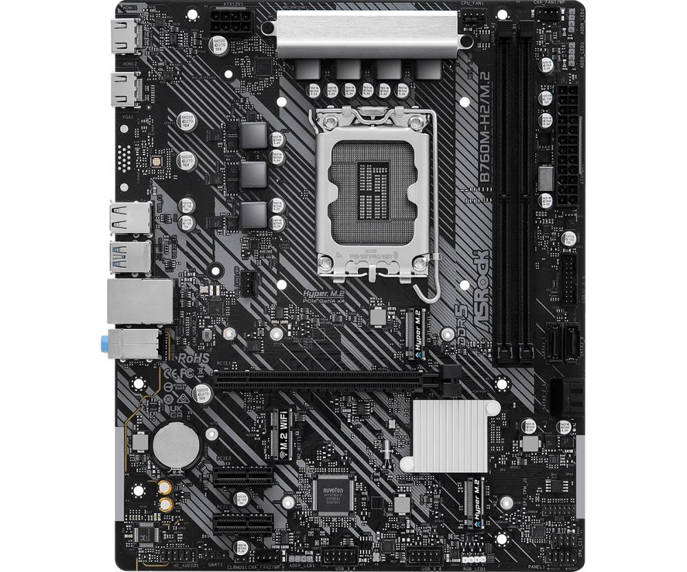 Mainboard ASROCK Intel B760 Express LGA1700 Micro-ATX Memory DDR5 Memory slots 2 2xPCI-Express 3.0 1x 1xPCI-Express 4.0 16x 3xM.2 2xHDMI 2xUSB 2.0 4xUSB 3.2 1xRJ45 3xAudio port B760M-H2/M.2