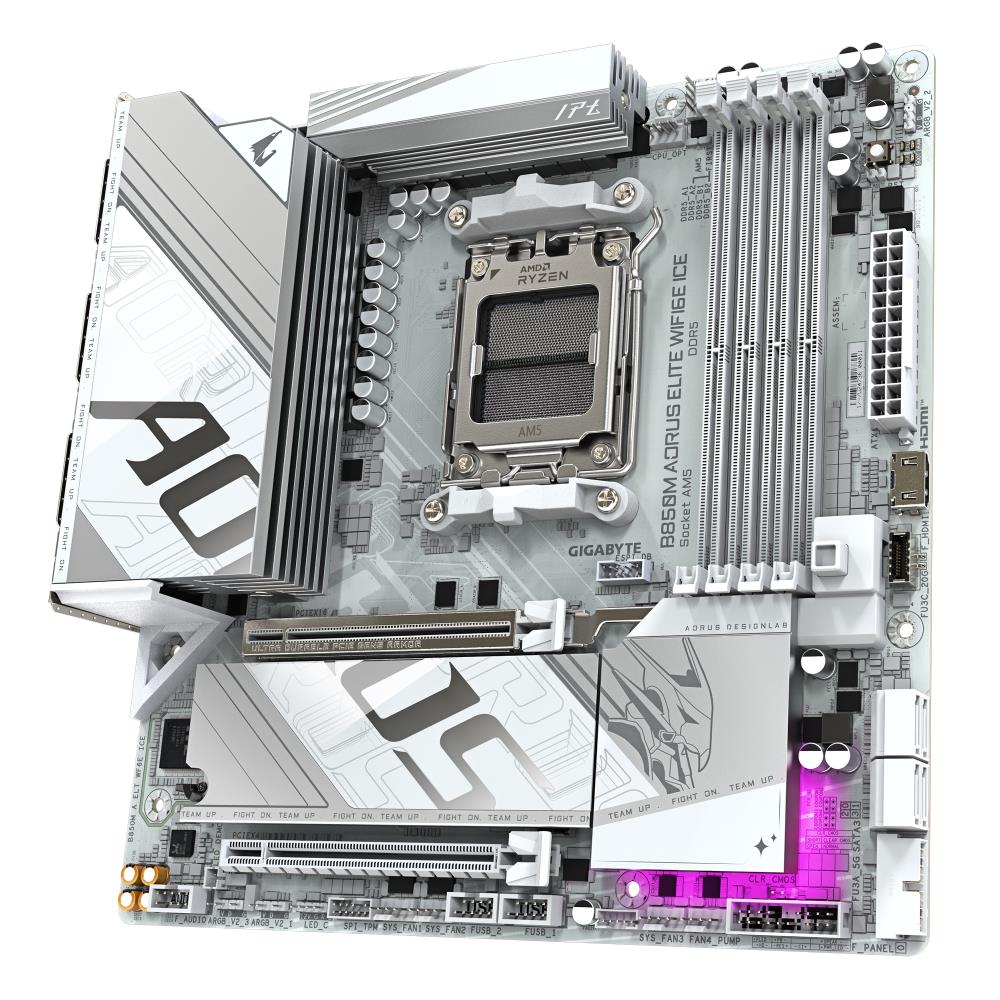 Mainboard GIGABYTE SAM5 Micro-ATX Memory DDR5 Memory slots 4 1xPCI-Express 3.0 16x 1xPCI-Express 5.0 16x 2xM.2 1xHDMI 1xDisplayPort 4xUSB 2.0 7xUSB 3.2 2xUSB-C 1xOptical S/PDIF 1xRJ45 2xAudio port B850MAELTWF6EICE