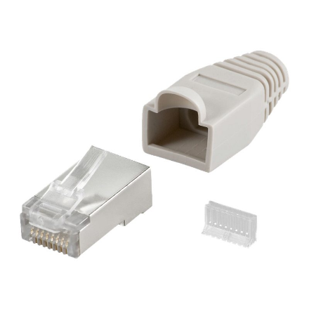 Goobay 68746 RJ45 plug, CAT 5e STP shielded with strain-relief boot, grey | for round cable with Threader cable lead