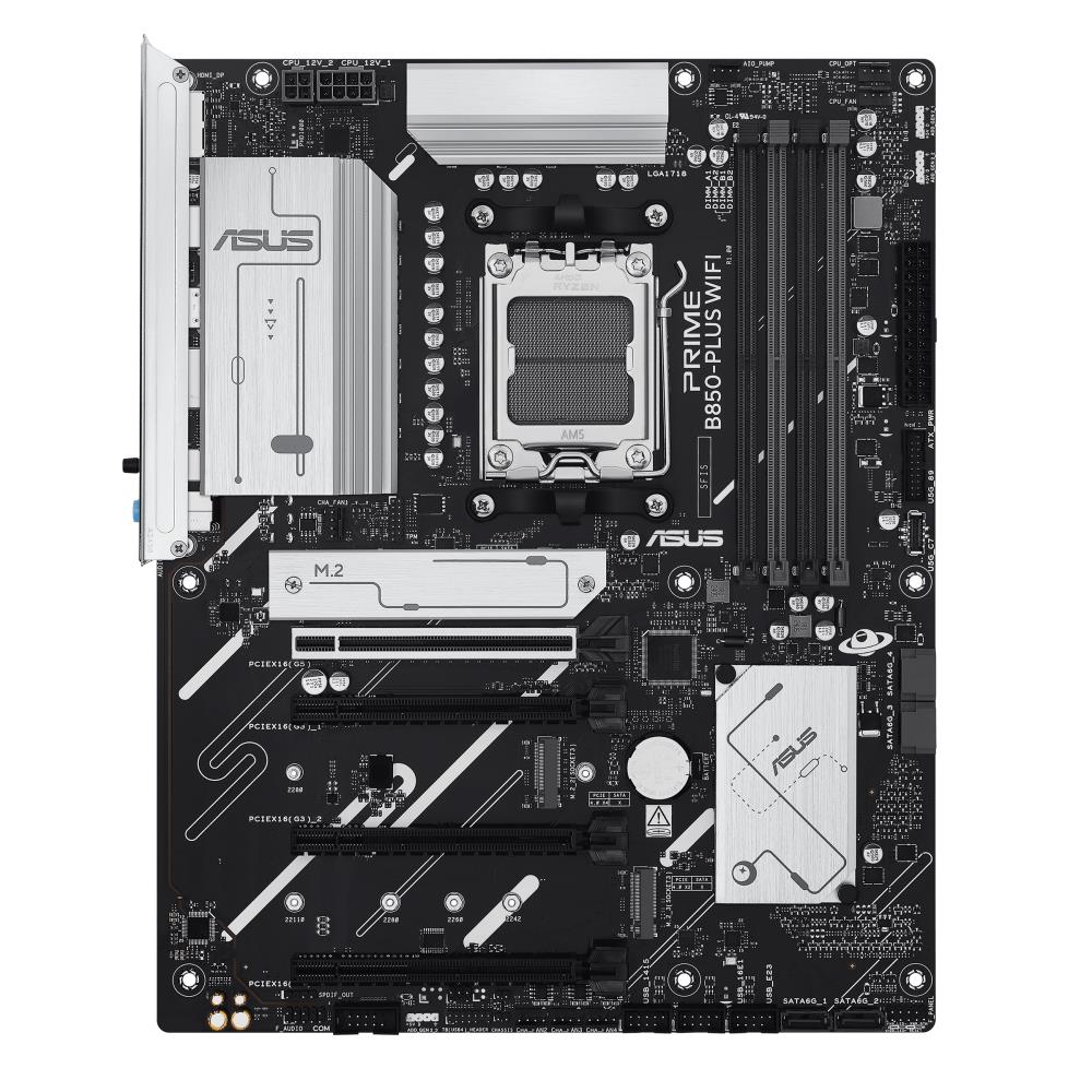 Mainboard ASUS AMD B850 SAM5 ATX Memory DDR5 Memory slots 4 2xPCI-Express 3.0 16x 1xPCI-Express 4.0 16x 1xPCI-Express 5.0 16x 3xM.2 1xHDMI 1xDisplayPort 3xUSB 2.0 5xUSB 3.2 type B 2xUSB-C 3xAudio port PRIMEB850-PLUSWIFI