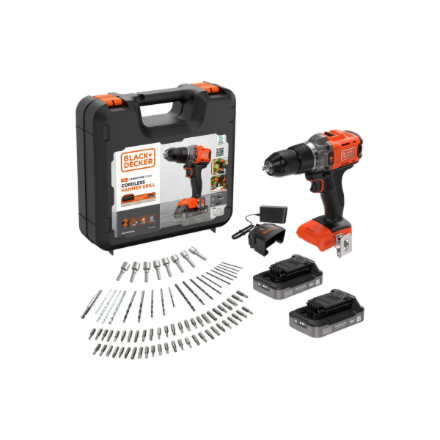 BLACK & DECKER 18V Impact Drill (with 2 x 18V 2.0Ah batteries with charge status indicator, 1A charger and 80 accessorie