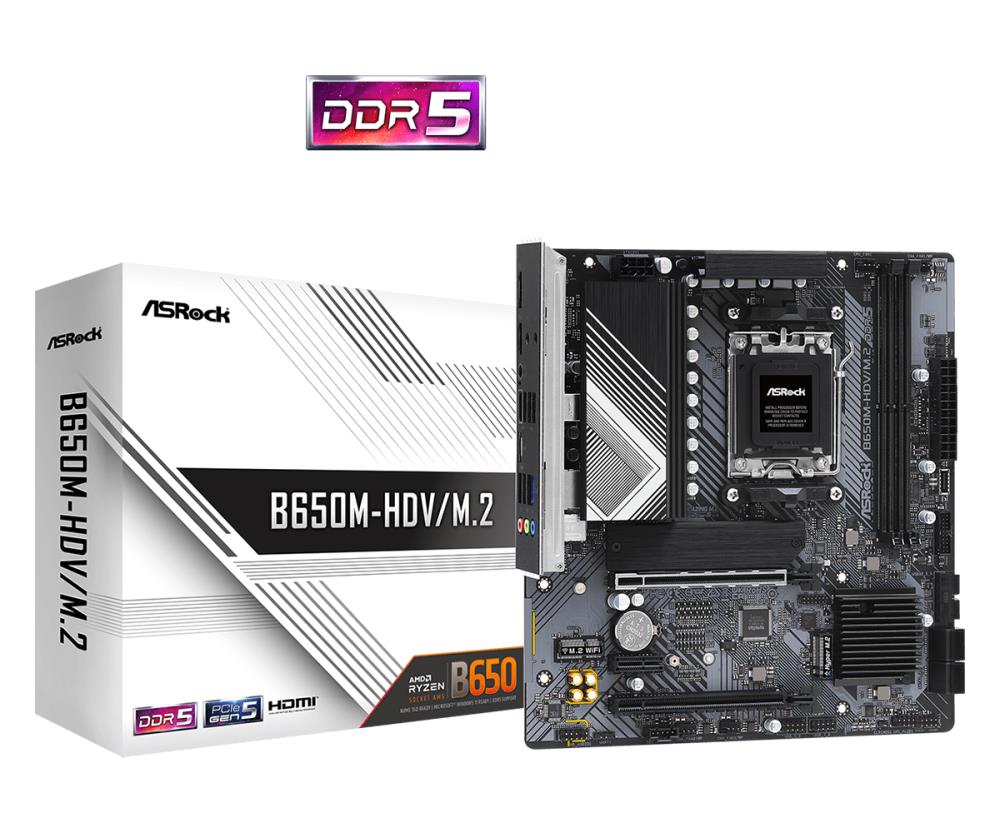 Mainboard ASROCK AMD B650 SAM5 Micro-ATX Memory DDR5 Memory slots 2 1xPCI-Express 4.0 1x 2xPCI-Express 4.0 16x 1xM.2 1xHDMI 1xDisplayPort 1xAudio-In 1xAudio-Out 1xMicrophone 4xUSB 2.0 2xUSB 3.2 1xUSB-C 1xRJ45 B650M-HDV/M.2