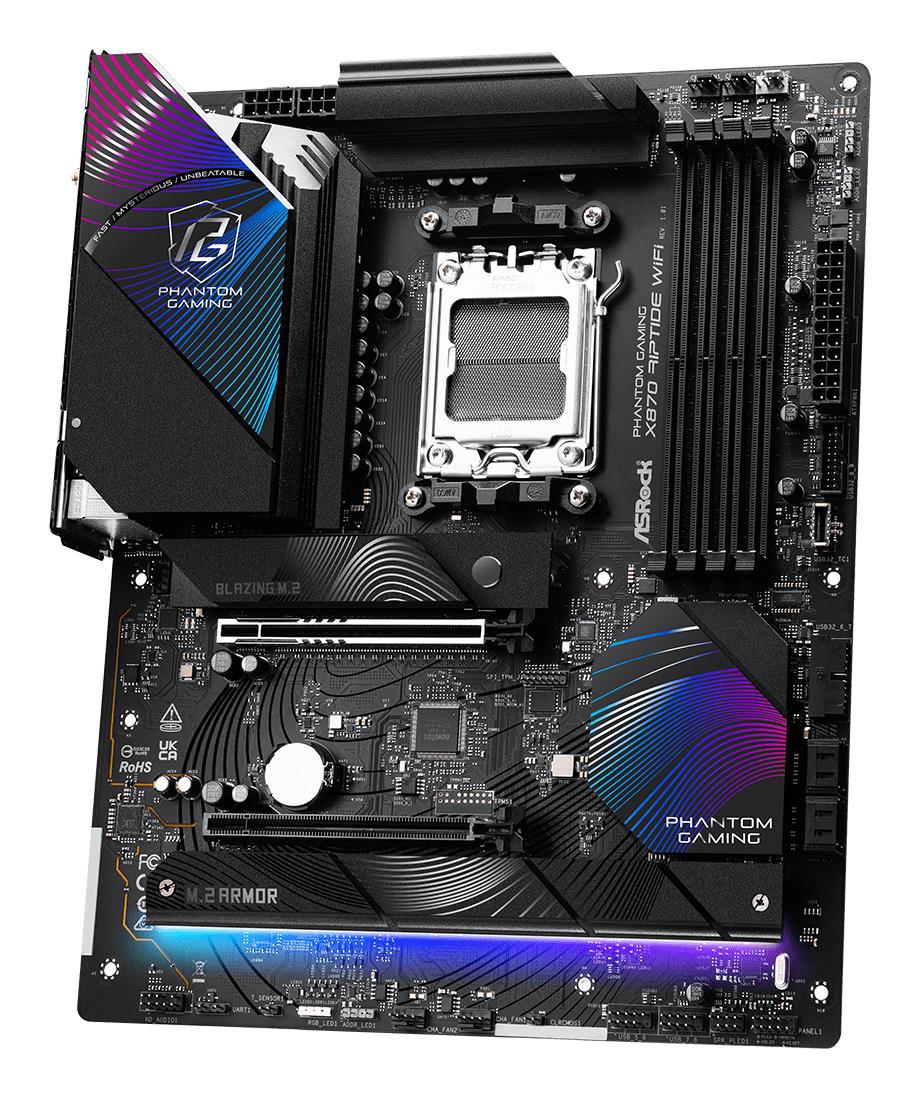 Mainboard ASROCK AMD X870 SAM5 ATX Memory DDR5 Memory slots 4 1xPCI-Express 4.0 16x 1xPCI-Express 5.0 16x 4xM.2 1xHDMI 4xUSB 2.0 5xUSB 3.2 2xUSB-C 1xOptical S/PDIF 1xRJ45 2xAudio port X870RIPTIDEWIFI
