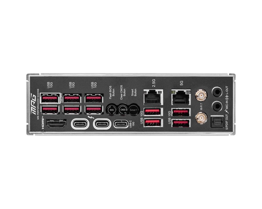 Mainboard MSI Intel Z890 LGA1851 ATX Memory DDR5 Memory slots 4 1xPCI-Express 4.0 4x 1xPCI-Express 5.0 8x 1xPCI-Express 5.0 16x 5xM.2 1xHDMI 10xUSB 3.2 1xUSB-C 2xUSB-C w/Thunderbolt 1xOptical S/PDIF 2xRJ45 2xAudio port MPGZ890CARBONWIFI