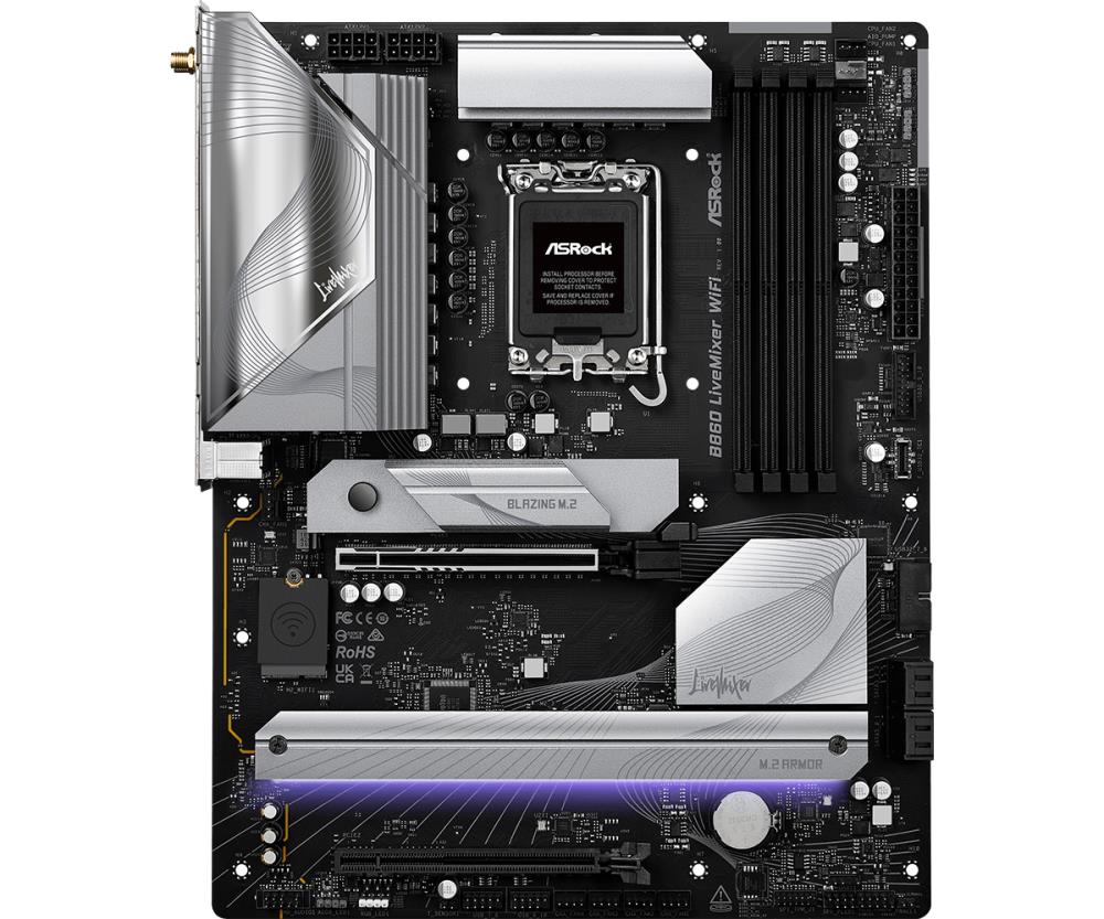 Mainboard ASROCK Intel B860 Express LGA1851 ATX Memory DDR5 Memory slots 4 1xPCI-Express 4.0 16x 1xPCI-Express 5.0 16x 1xM.2 1xHDMI 1xAudio-Out 1xMicrophone 6xUSB 2.0 6xUSB 3.2 1xUSB-C w/Thunderbolt 1xOptical S/PDIF 1xRJ45 B860LIVEMIXERWIFI