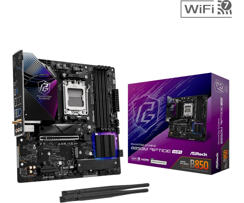 Mainboard ASROCK AMD B850 SAM5 Micro-ATX Memory DDR5 Memory slots 4 1xHDMI 1xDisplayPort 1xAudio-In 1xAudio-Out 1xMicrophone 4xUSB 2.0 3xUSB 3.2 1xUSB-C 1xRJ45 B850MRIPTIDEWIFI