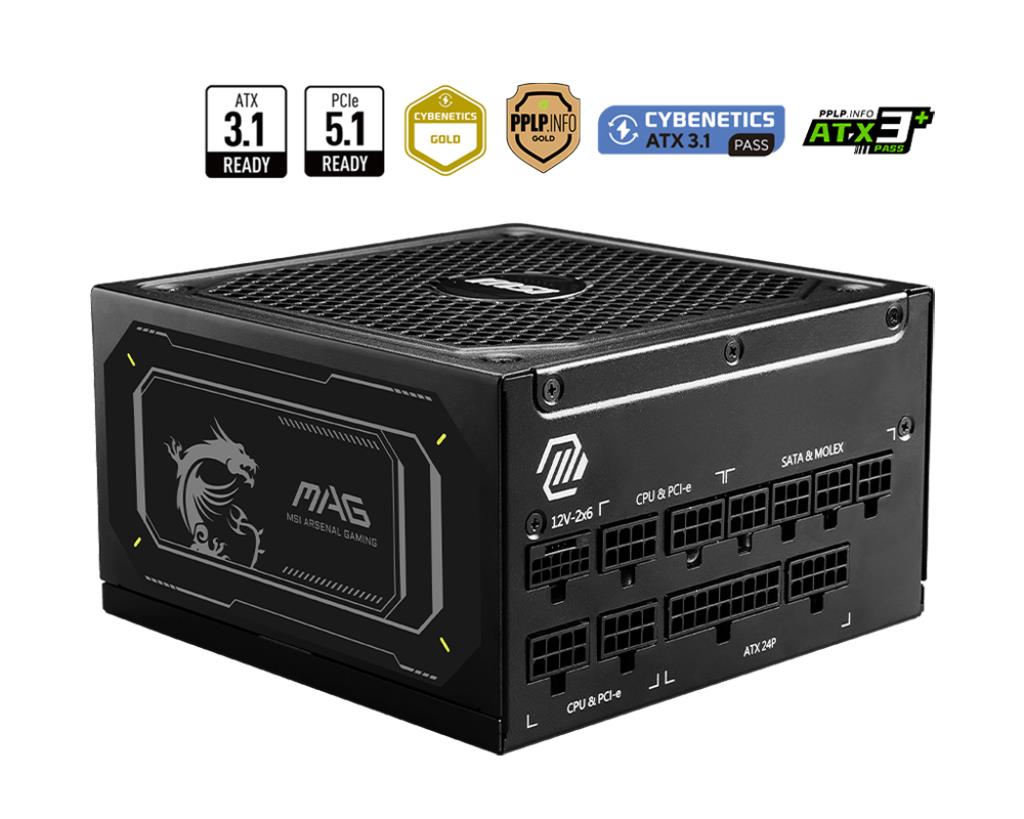 Power Supply MSI MAG A1000GL PCIE5 II ATX 3.1 1000 Watts Efficiency 80 PLUS GOLD PFC Active MAGA1000GLPCIE5II